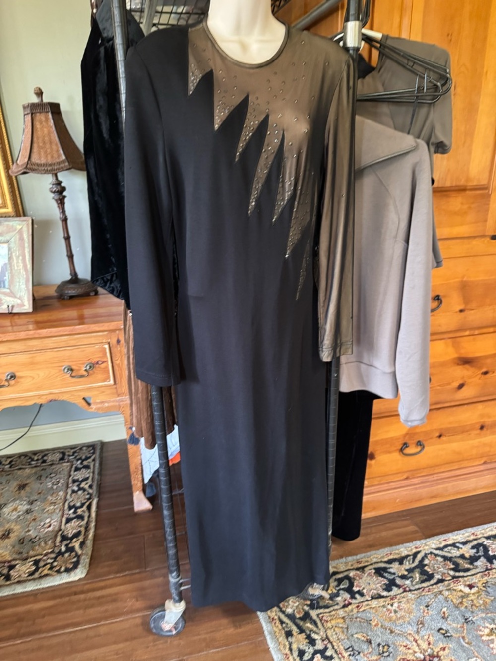 Tahari Black Long Sleeve Maxi Dress with Sheer Studded Yoke